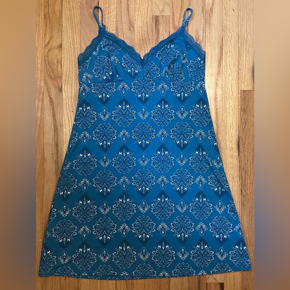 Blue Paisley Print Dress with Lace Trim